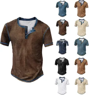 Mens Distressed Henley Shirts Waffle Knit Short Sleeve Button T-Shirts for Men Summer Casual Vintage Tee Shirts