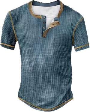 Mens Distressed Henley Shirts Waffle Knit Short Sleeve Button T-Shirts for Men Summer Casual Vintage Tee Shirts
