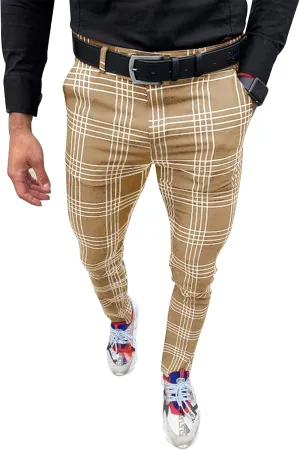 Men's Fashion Stretch Dress Pants Slim Fit Plaid Pants Business Suit Pants Casual Golf Pants