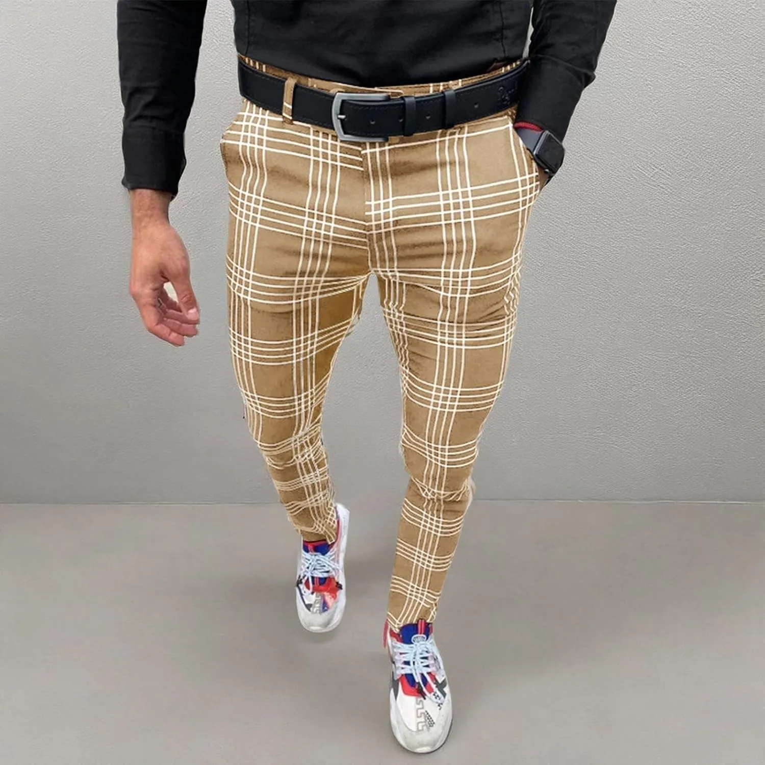 Men's Fashion Stretch Dress Pants Slim Fit Plaid Pants Business Suit Pants Casual Golf Pants