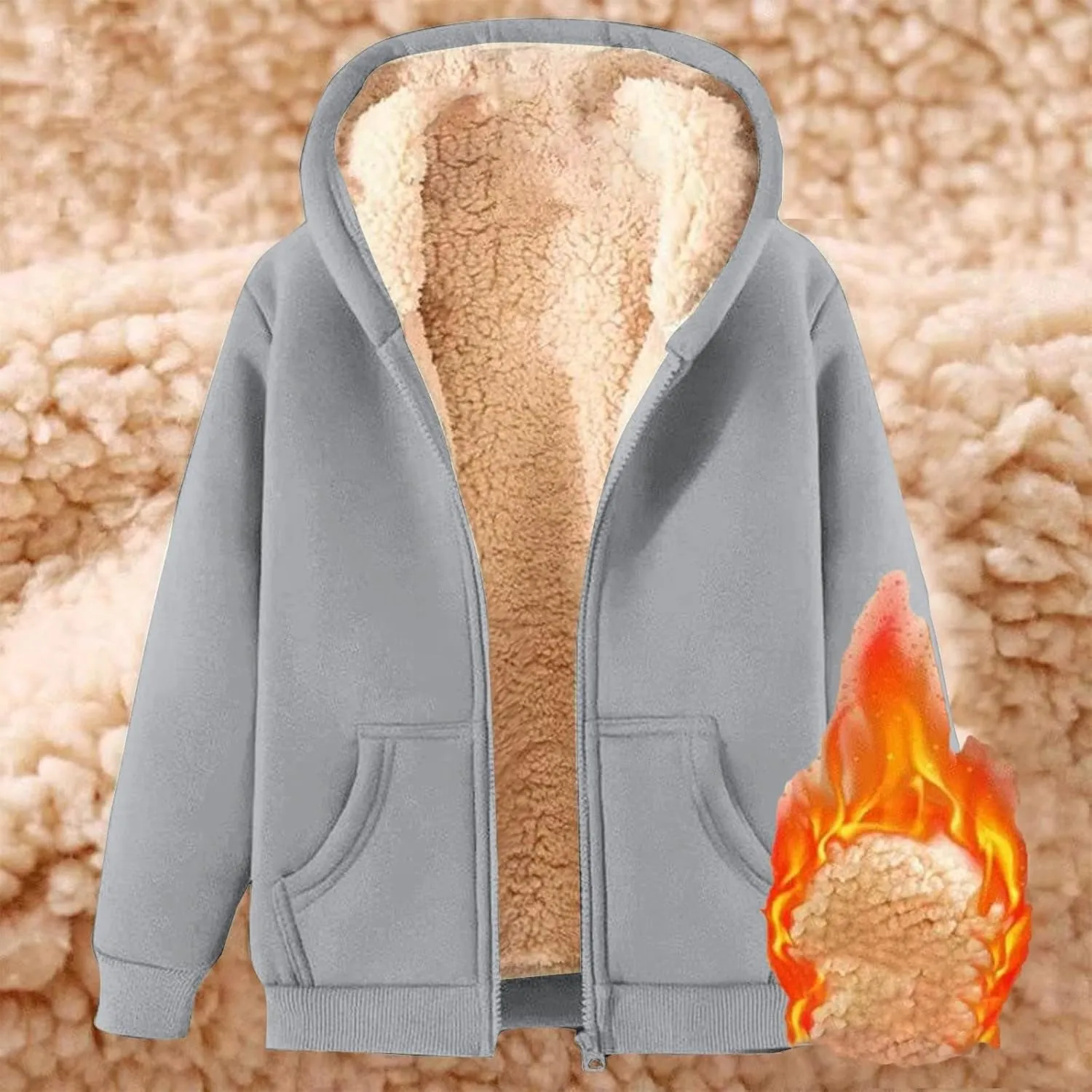 Mens Fleece Lined Jacket Winter Coats Solid Zip up Hoodies Sweatshirts Warm Sherpa Cardigan Sweater with Pockets