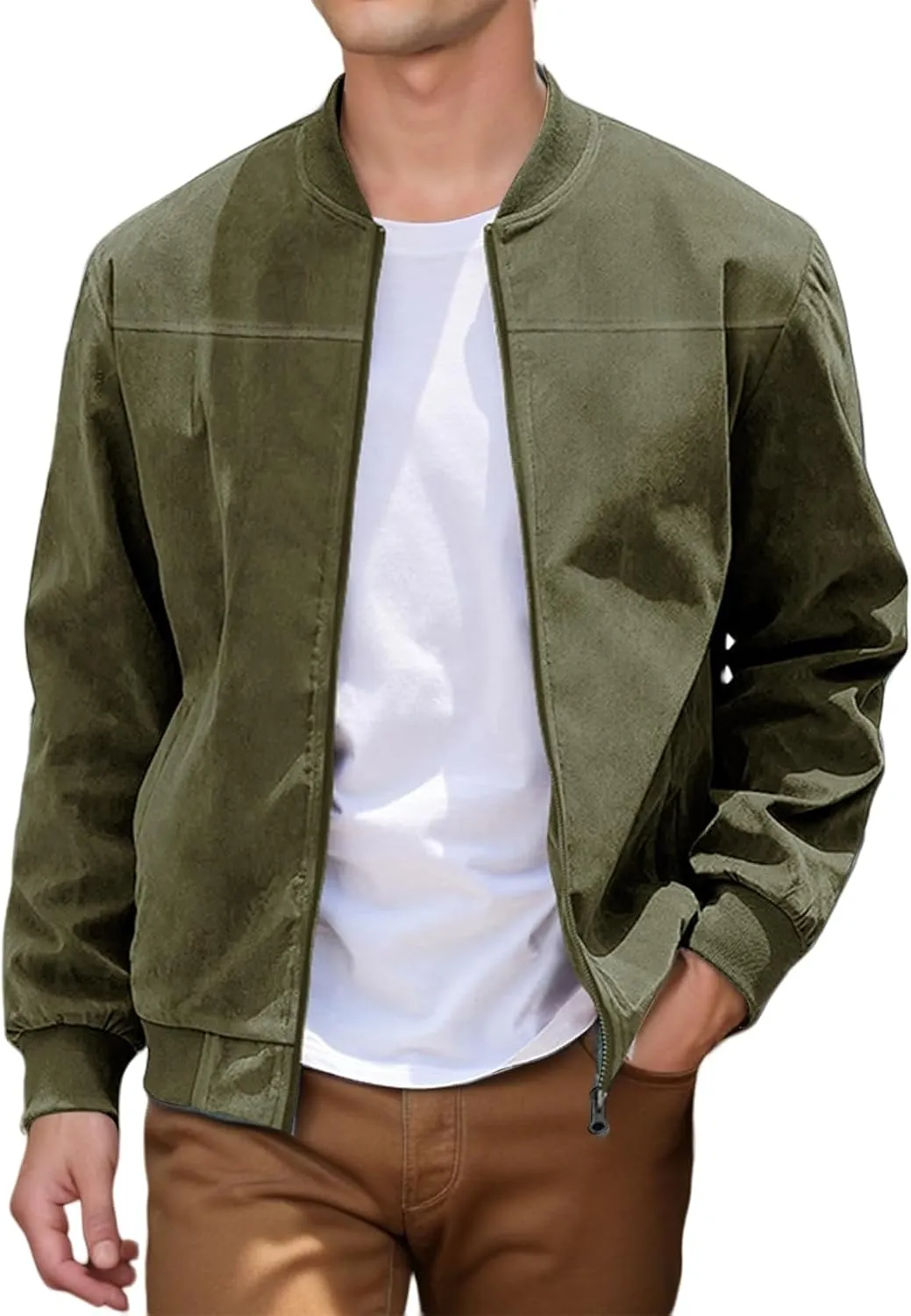 Mens Lightweight Jacket Vintage Faux Suede Trucker Bomber Jackets Casual Zipper Stand Collar Cardigans Fashion Coat