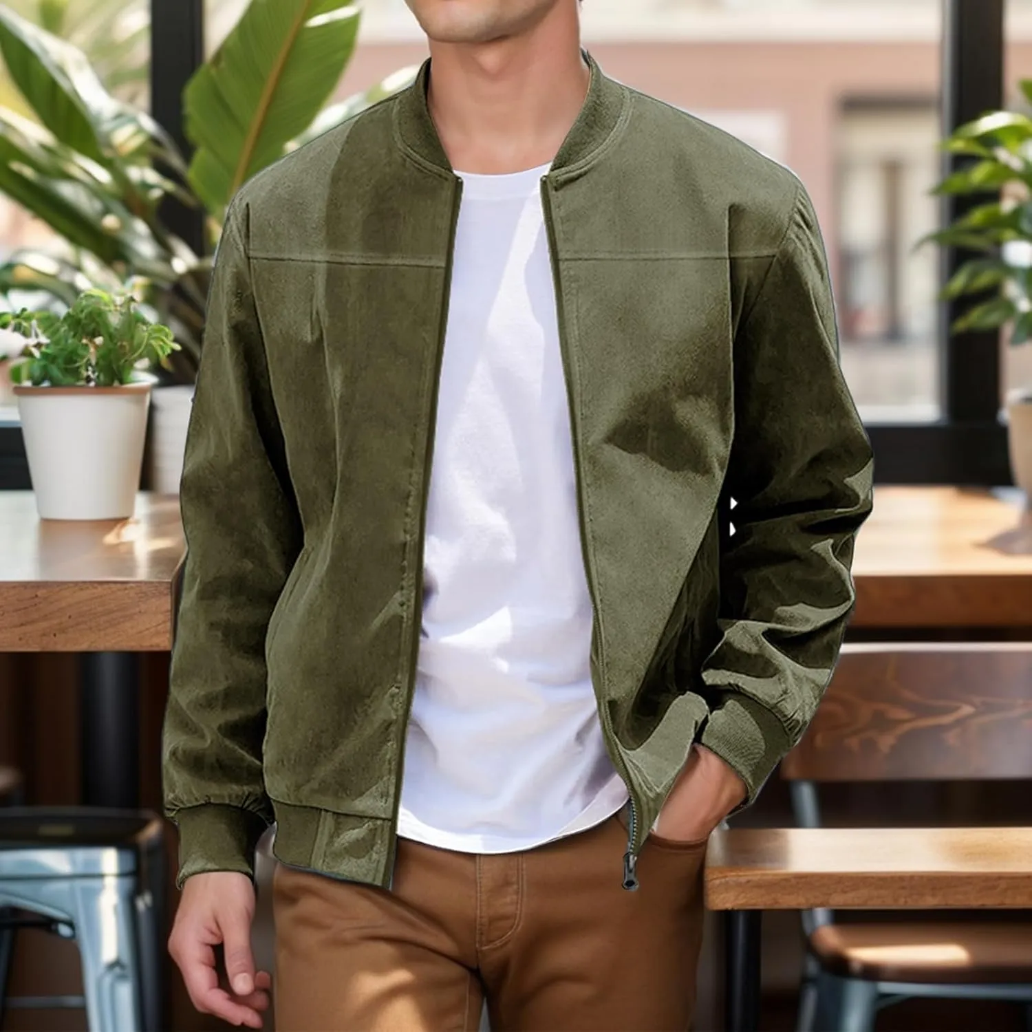 Mens Lightweight Jacket Vintage Faux Suede Trucker Bomber Jackets Casual Zipper Stand Collar Cardigans Fashion Coat
