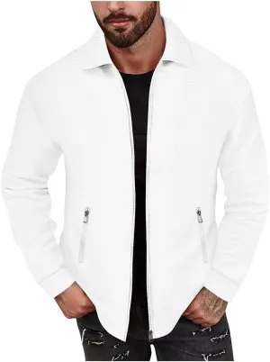 Mens Lightweight Jackets Waffle Knit Casual Zip Up Lapel Collar Fall Jacket Trendy Outdoor Streetwear Outfits