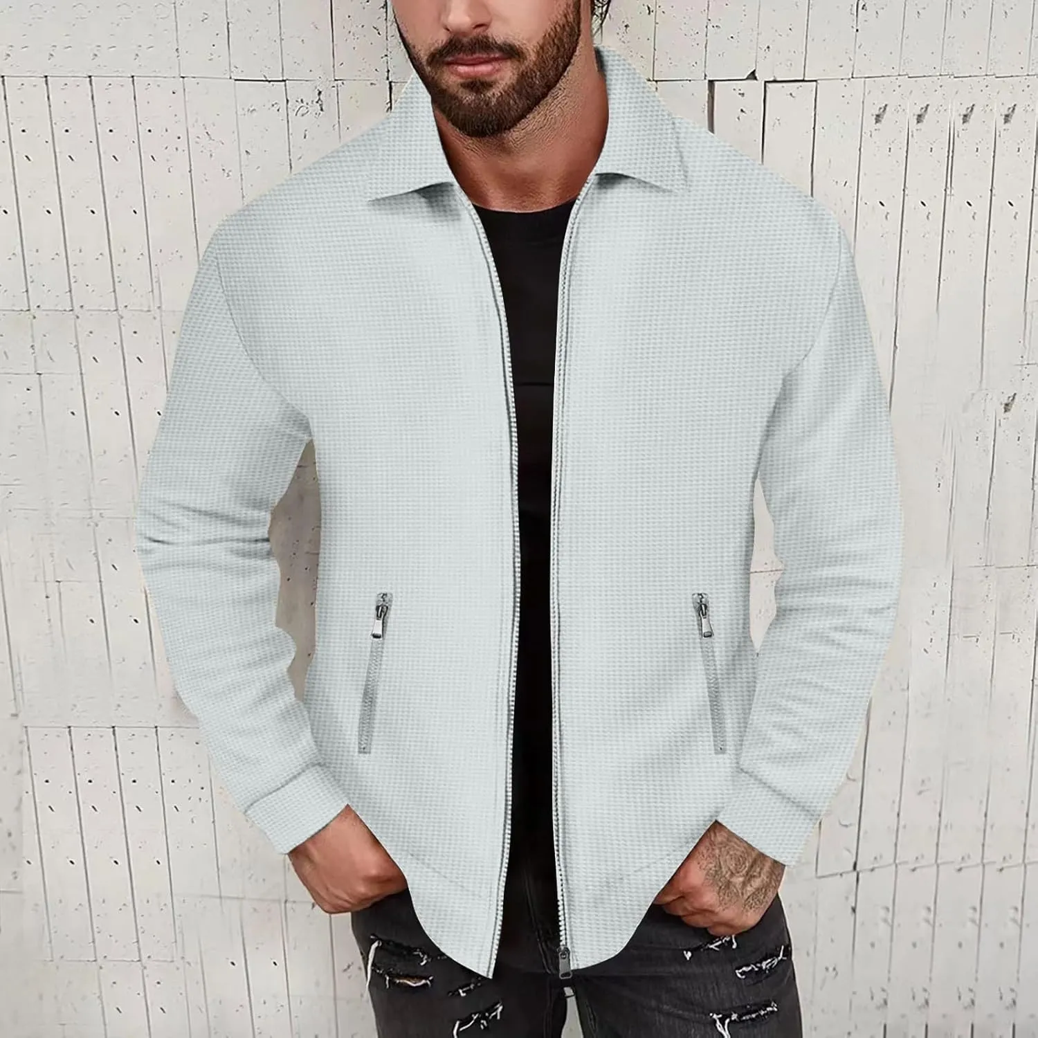 Mens Lightweight Jackets Waffle Knit Casual Zip Up Lapel Collar Fall Jacket Trendy Outdoor Streetwear Outfits