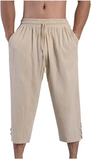 Men's Linen Pants Casual Pants Drawstring Beach Trousers Relaxed-Fit Yoga Pants Summer Elastic Waist Pants