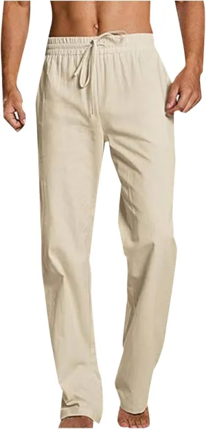 Mens Linen Pants Casual Pants Relaxed-Fit Beach Pants Summer Trousers Drawstring Elastic Waist Pants
