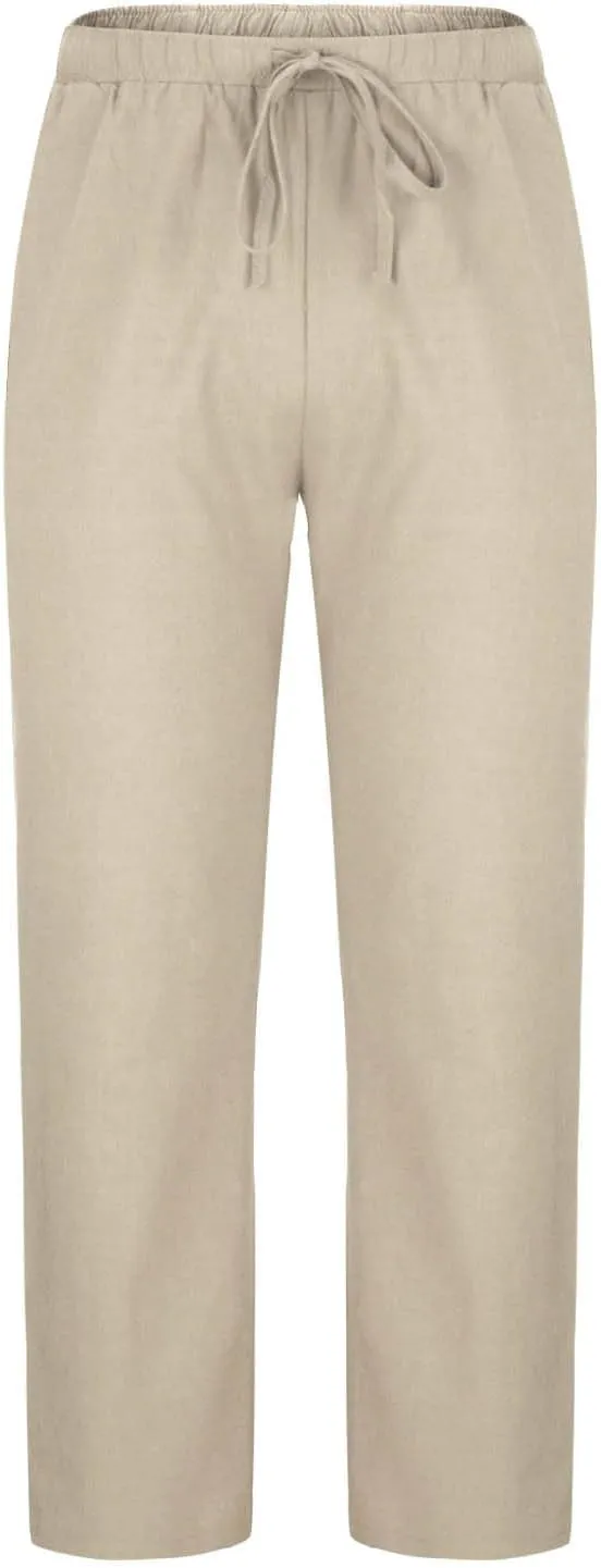 Mens Linen Pants Casual Pants Relaxed-Fit Beach Pants Summer Trousers Drawstring Elastic Waist Pants