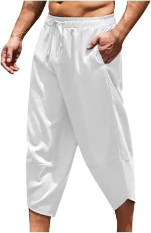 Mens Linen Pants Casual Pants Relaxed-Fit Beach Trousers Summer Yoga Pants Drawstring Elastic Waist Pants