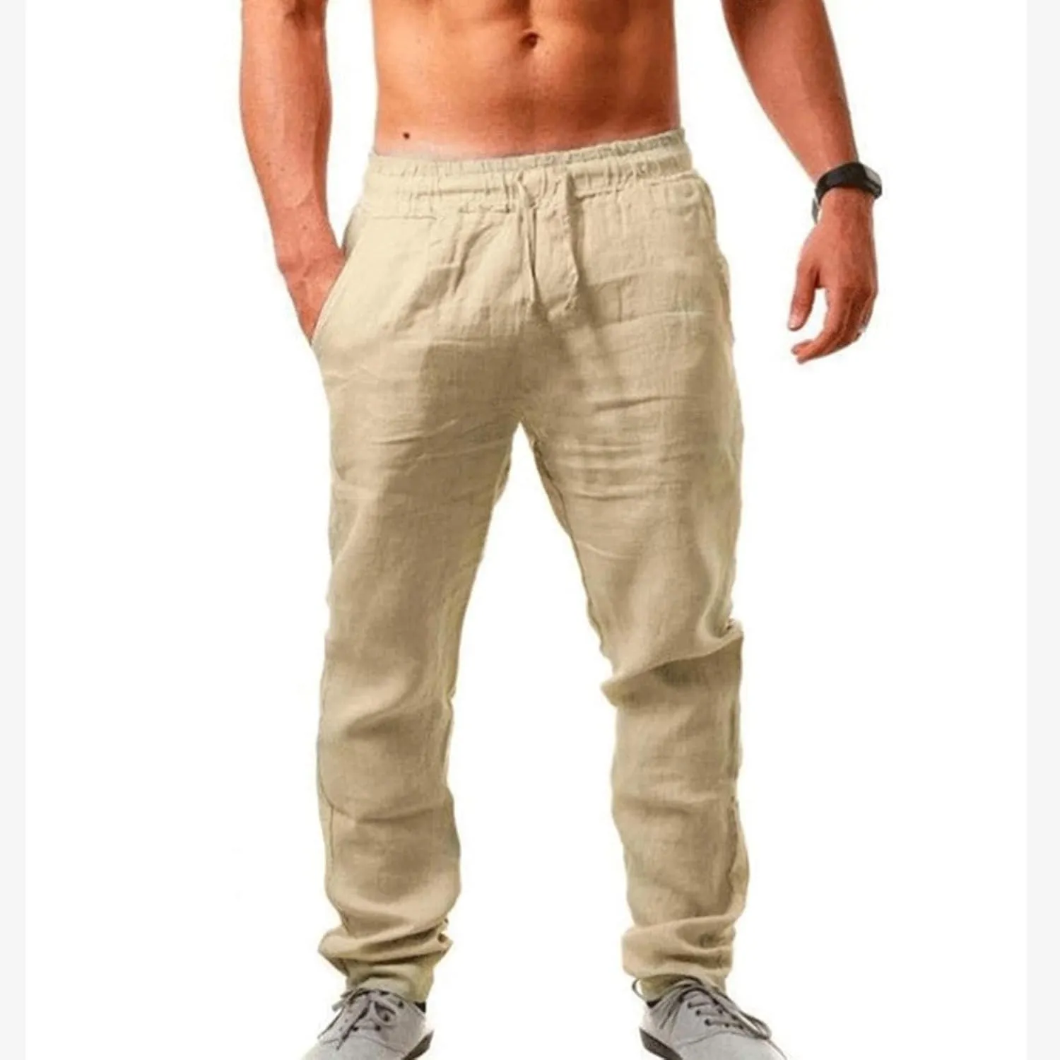 Men's Linen Pants Casual Pants Summer Beach Trousers Drawstring Yoga Pants Loose Fit Elastic Waist Pants
