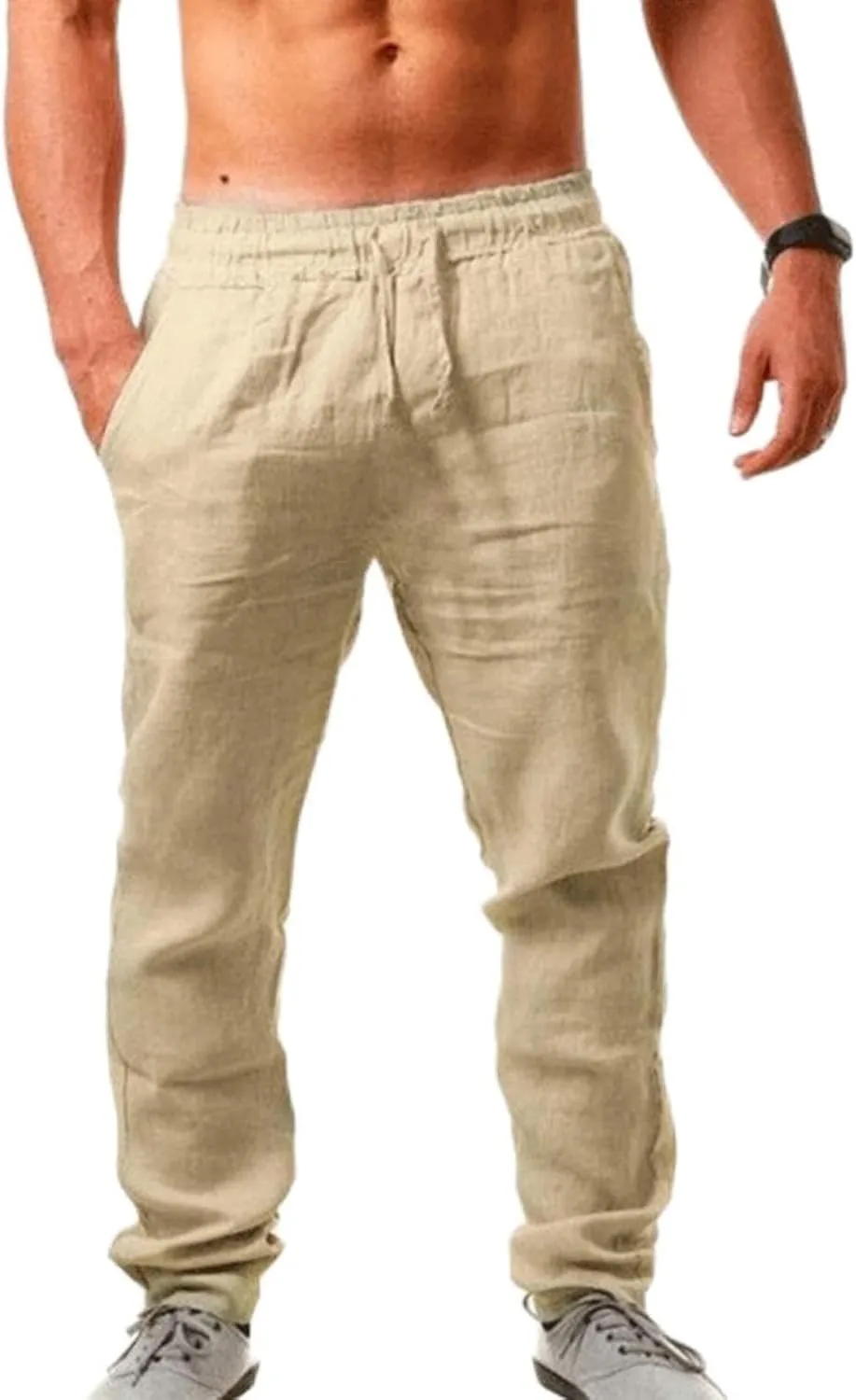 Men's Linen Pants Casual Pants Summer Beach Trousers Drawstring Yoga Pants Loose Fit Elastic Waist Pants