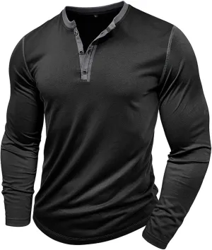 Mens Long Sleeve Muscle T Shirts Athletic Fit Henley Shirts Casual Button Crewneck Longline Gym Workout Tee Shirts