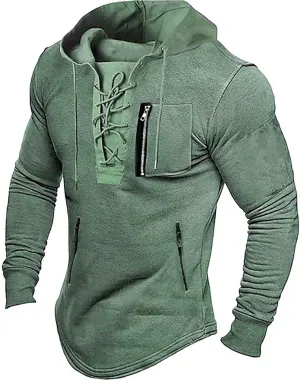 Mens Long Sleeve Tactical Hoodies Sweatshirts Outdoor Military Distressed Retro Lace Up Gym Athletic Hooded Pullover