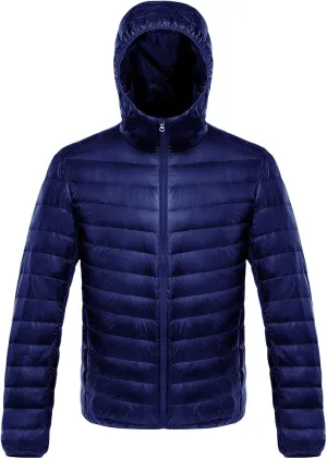 Mens Packable Down Jacket Hooded Coat Ultra Lightweight Puffer Jackets Windproof Insulated Warm Winter Coat for Men