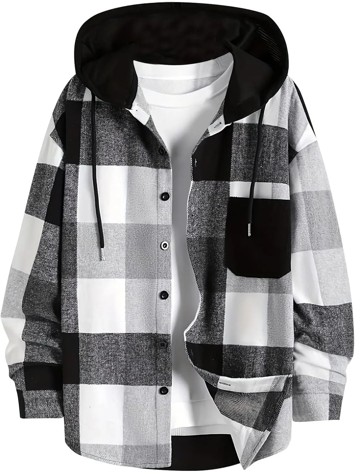Men's Plaid Coat Button Drawstring Hooded Jacket Fashion Long Sleeve Lightweight Jacket Outerwear with Pockets
