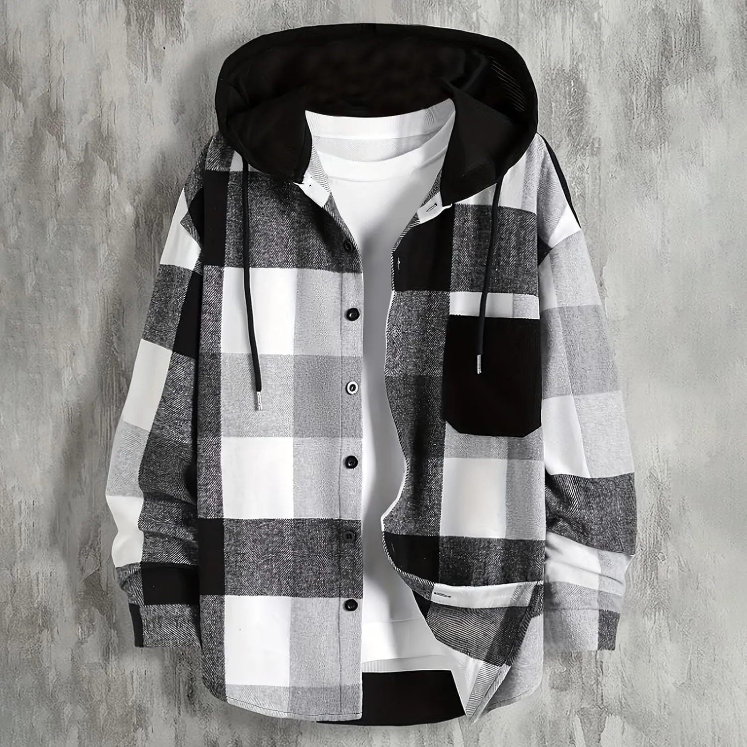 Men's Plaid Coat Button Drawstring Hooded Jacket Fashion Long Sleeve Lightweight Jacket Outerwear with Pockets