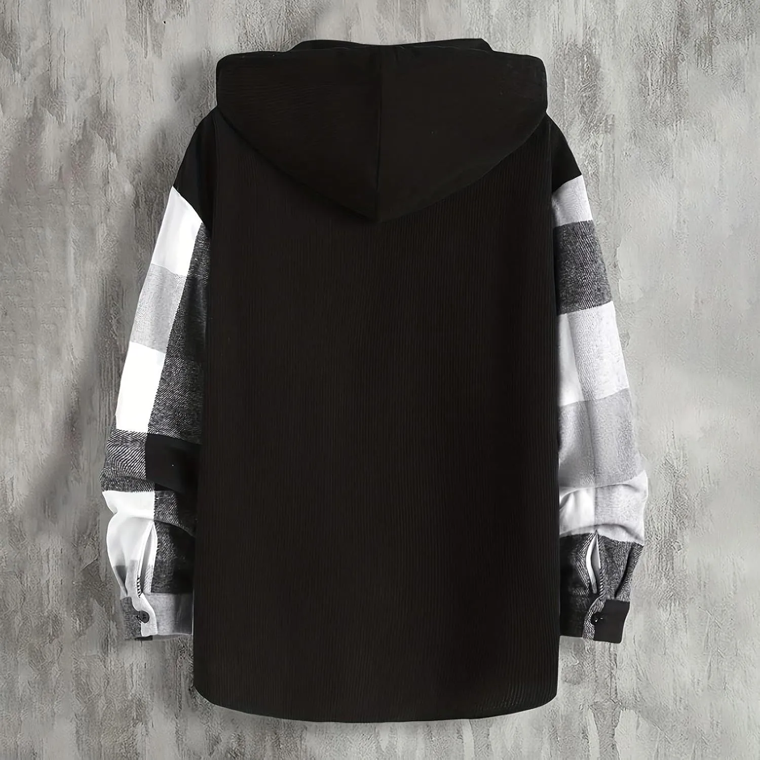 Men's Plaid Coat Button Drawstring Hooded Jacket Fashion Long Sleeve Lightweight Jacket Outerwear with Pockets