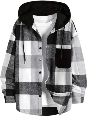 Men's Plaid Coat Button Drawstring Hooded Jacket Fashion Long Sleeve Lightweight Jacket Outerwear with Pockets
