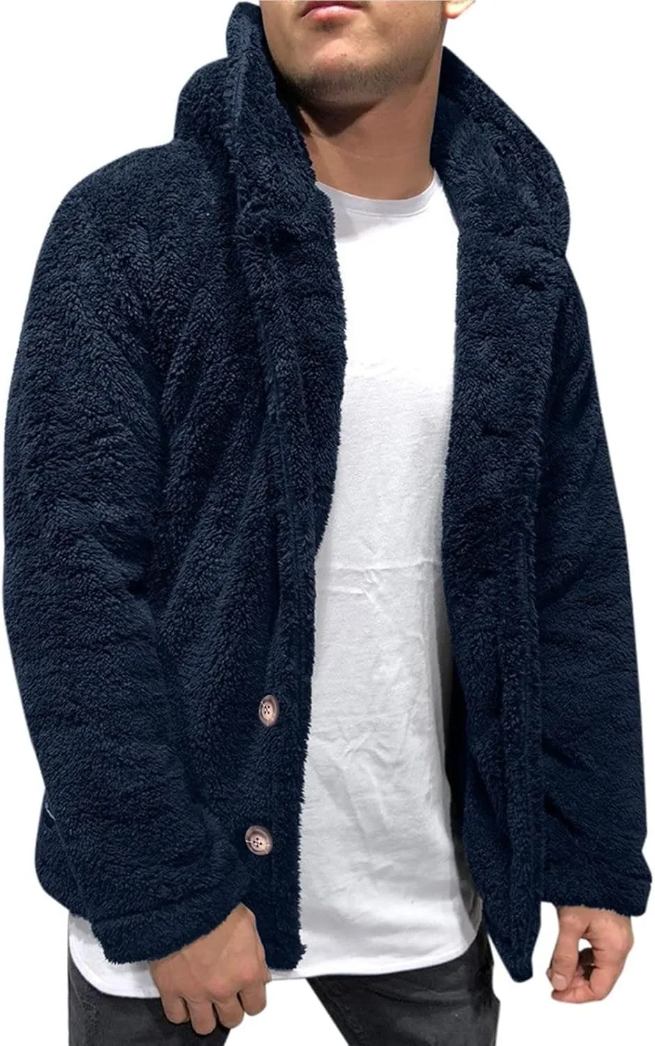 Men's Plush Warm Jacket Coat Button Fluffy Furry Soft Hooded Jacket Outerwear Casual Solid Color Long Sleeve Coat