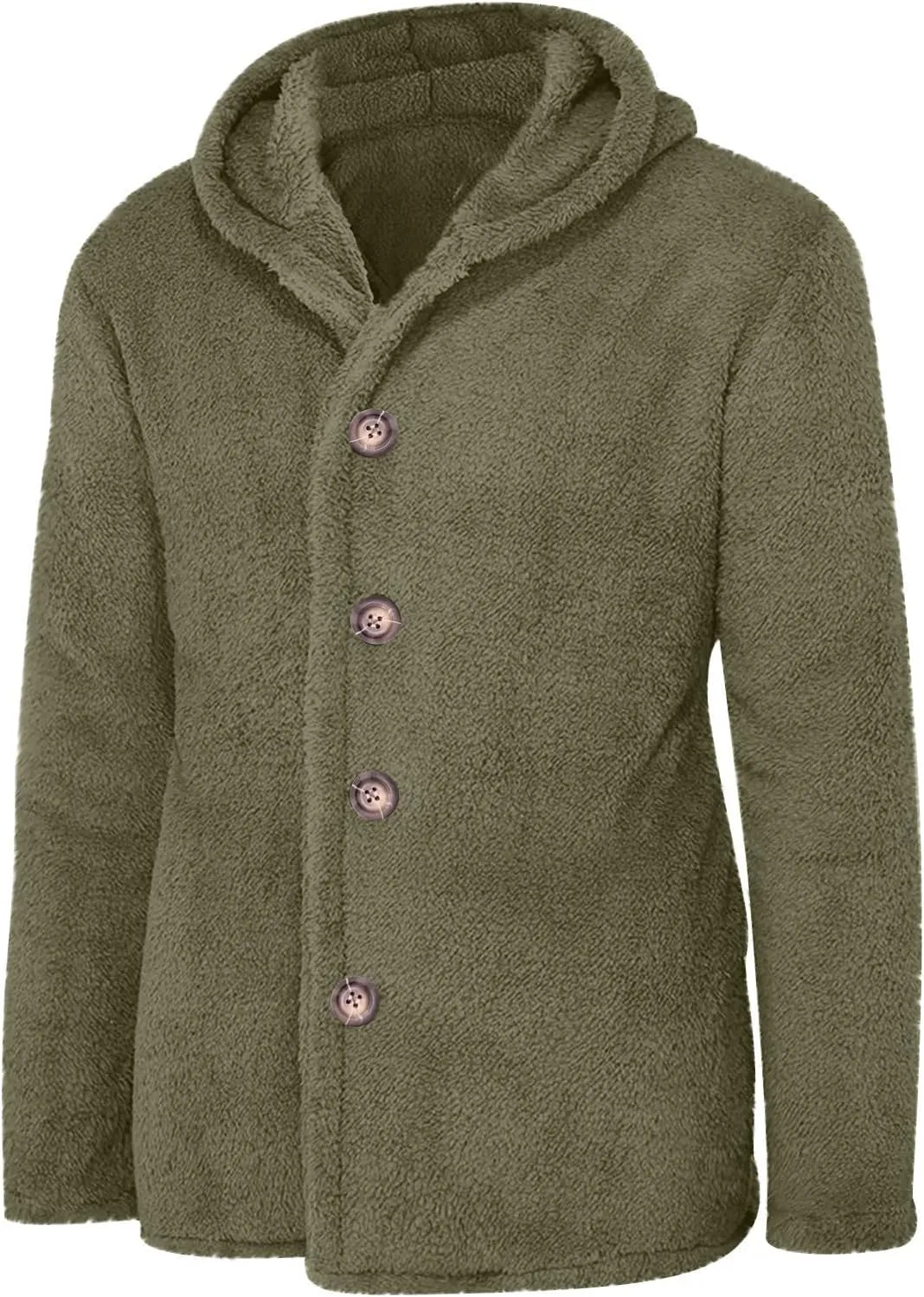 Men's Plush Warm Jacket Coat Button Fluffy Furry Soft Hooded Jacket Outerwear Casual Solid Color Long Sleeve Coat