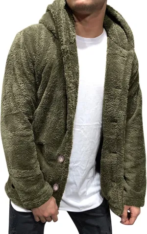 Men's Plush Warm Jacket Coat Button Fluffy Furry Soft Hooded Jacket Outerwear Casual Solid Color Long Sleeve Coat