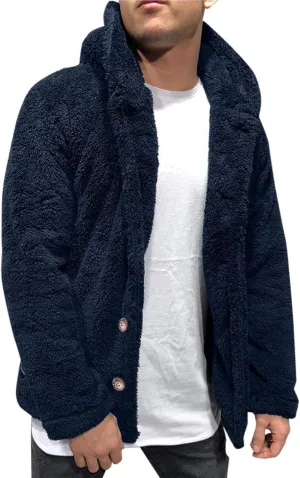 Men's Plush Warm Jacket Coat Button Fluffy Furry Soft Hooded Jacket Outerwear Casual Solid Color Long Sleeve Coat