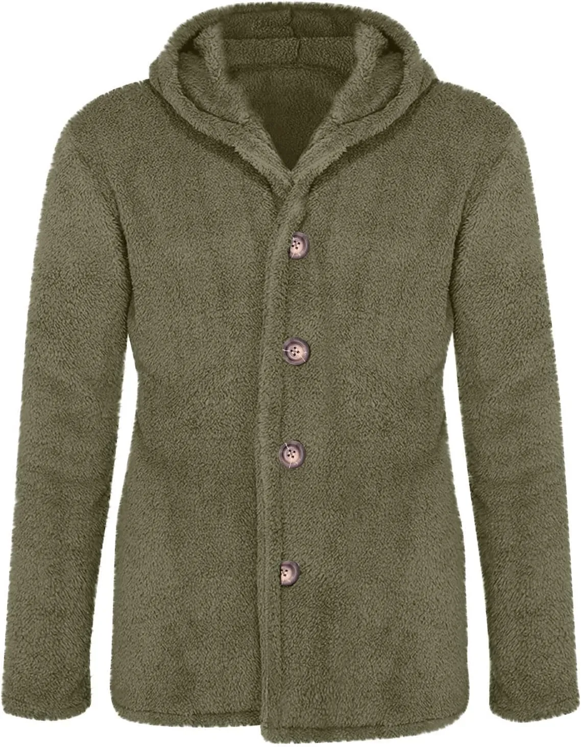 Men's Plush Warm Jacket Coat Button Fluffy Furry Soft Hooded Jacket Outerwear Casual Solid Color Long Sleeve Coat