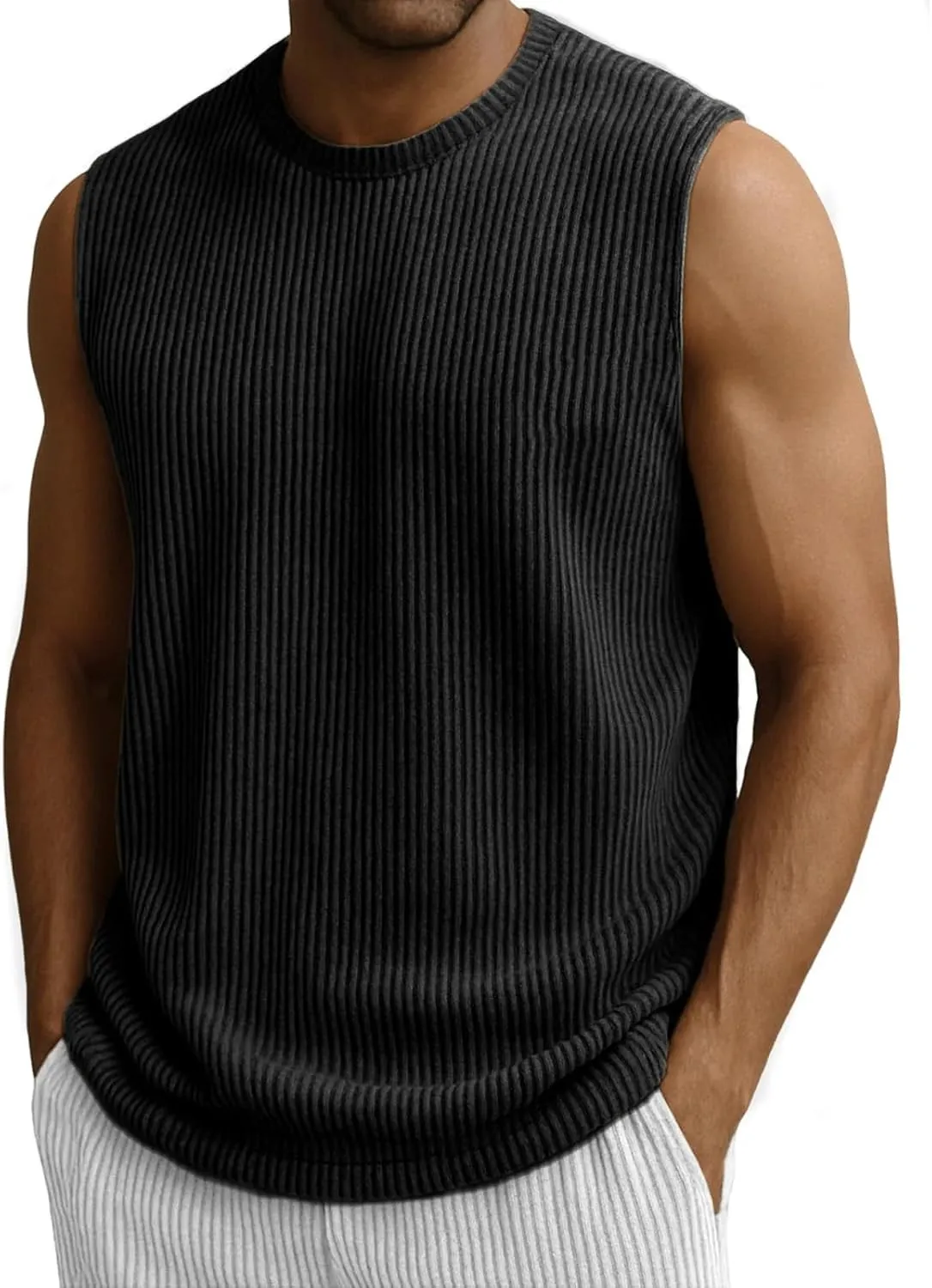 Mens Ribbed Knit Tank Tops Crew Neck Sleeveless Muscle Shirts Gym Workout Basic Tees Moisture Wicking Athletic Tops