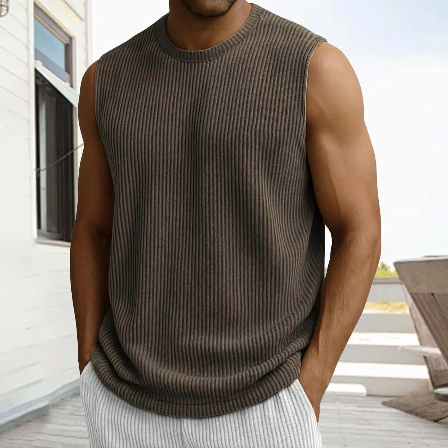 Mens Ribbed Knit Tank Tops Crew Neck Sleeveless Muscle Shirts Gym Workout Basic Tees Moisture Wicking Athletic Tops