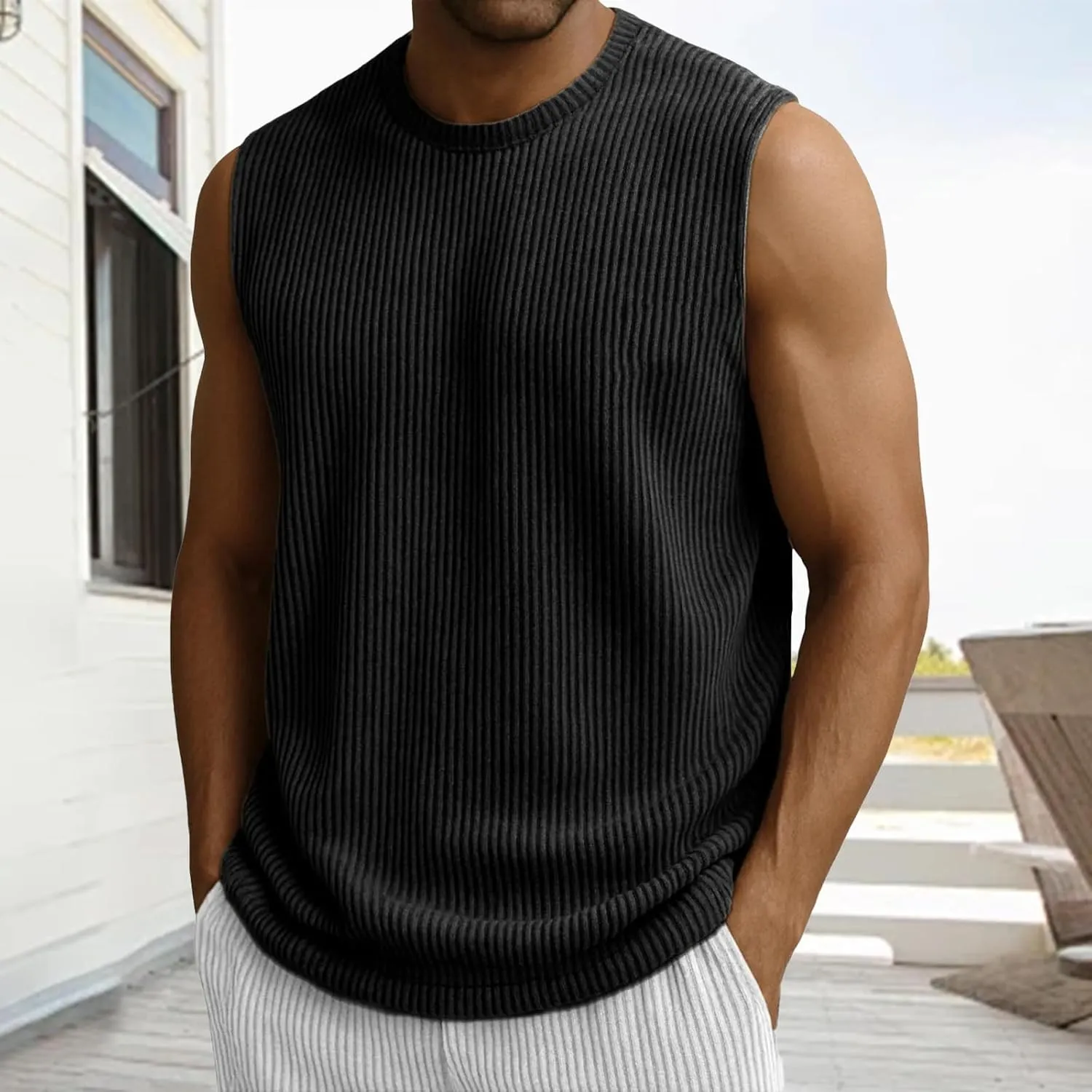 Mens Ribbed Knit Tank Tops Crew Neck Sleeveless Muscle Shirts Gym Workout Basic Tees Moisture Wicking Athletic Tops