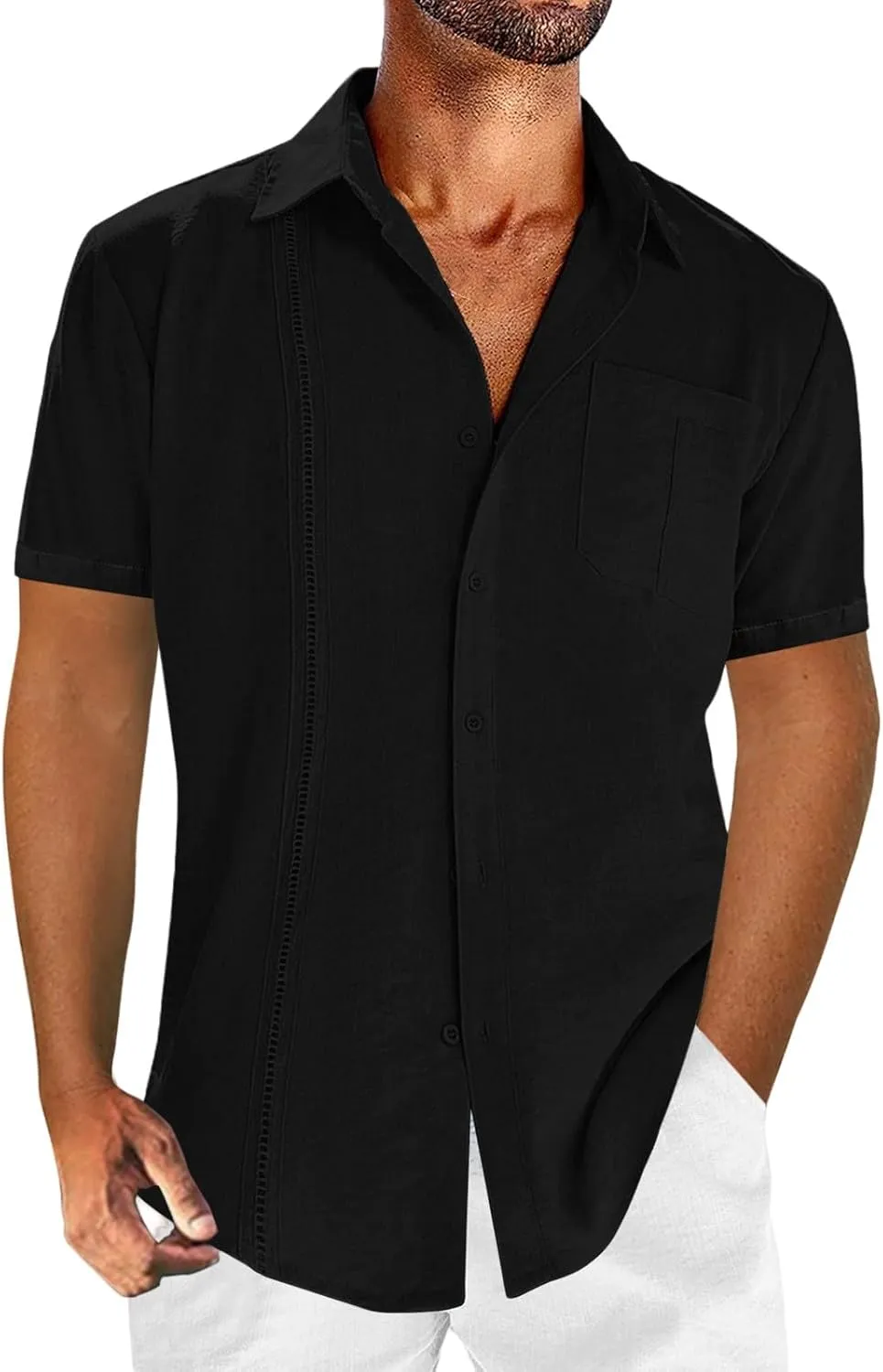 Mens Short Sleeve Cuban Guayabera Shirt Button Down Collared Linen Top Hippie Casual Beach T Shirts Plain Work Tees