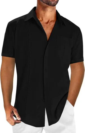 Mens Short Sleeve Cuban Guayabera Shirt Button Down Collared Linen Top Hippie Casual Beach T Shirts Plain Work Tees