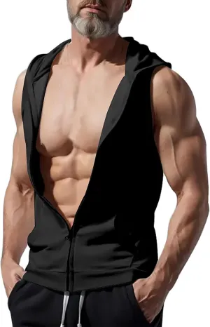 Men's Sleeveless Slim Fit Hoodie Vest Zipper Drawstring Gilet Jacket with Pockets Summer Spring Lightweight Hooded
