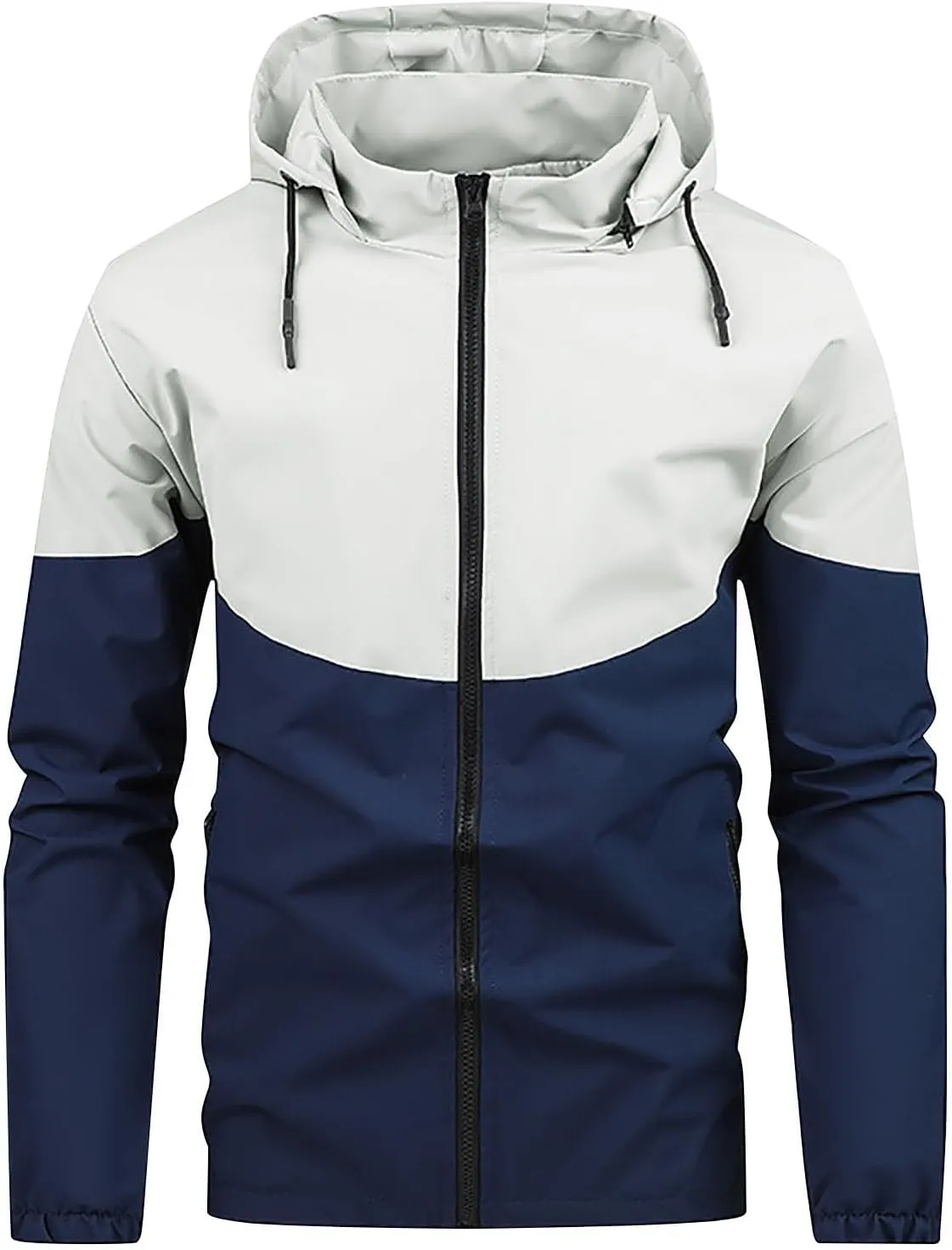 Men's Stand Collar Hooded Jacket Full Zip Colorblock Long Sleeve Coat Fashion Slim Fit Jacket Outerwear with Pocket