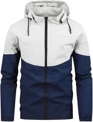Men's Stand Collar Hooded Jacket Full Zip Colorblock Long Sleeve Coat Fashion Slim Fit Jacket Outerwear with Pocket