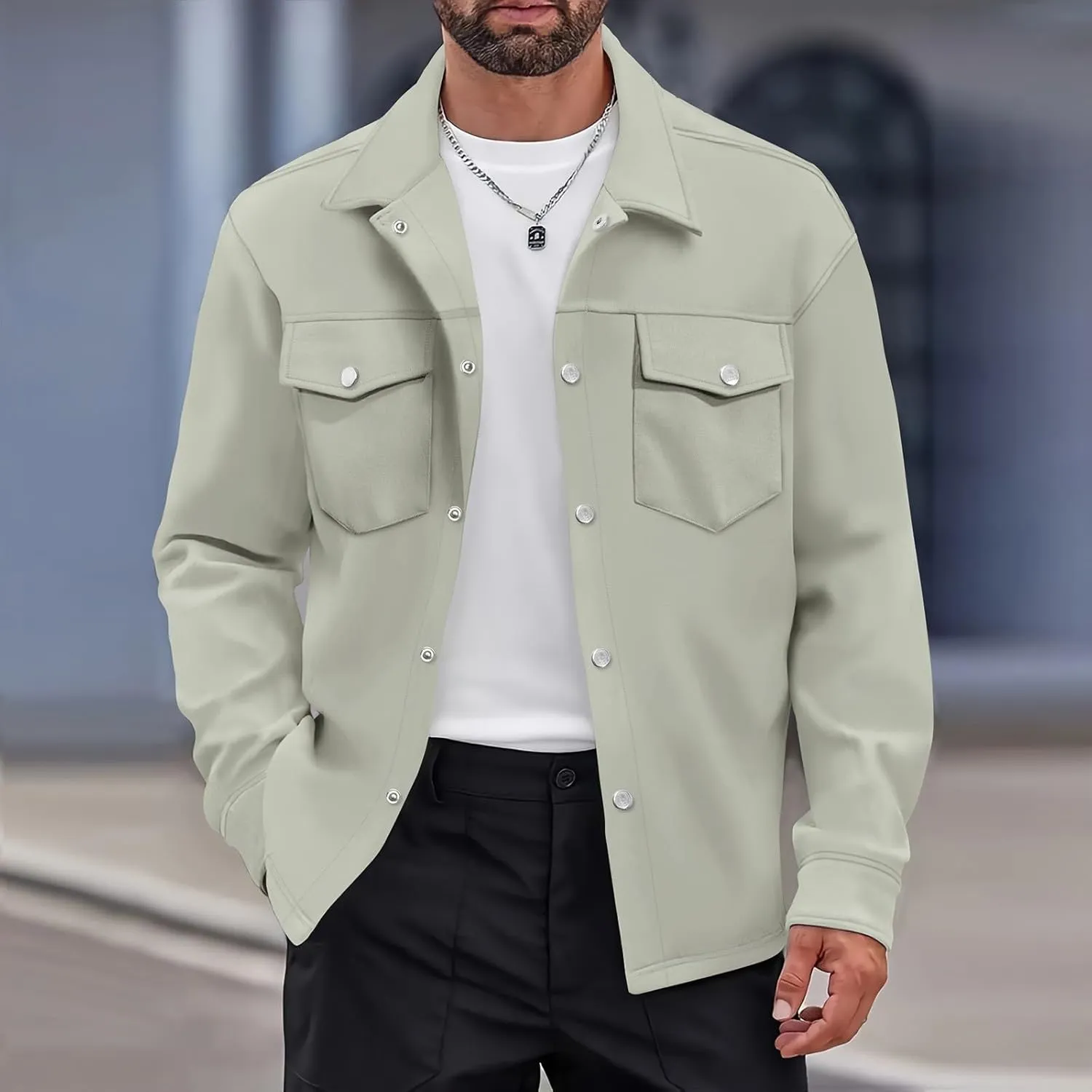 Mens Work Shirt Jackets Casual Lightweight Button Down Cargo Jackets with Flap Pockets Slim Fit Overshirt Shackets