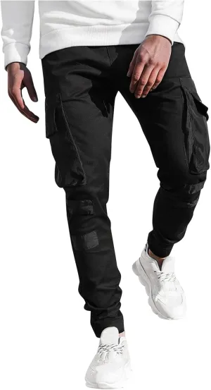 Mens Workout Cargo Sweatpants Pockets Pant Mens Cotton Linen Pants Loose Casual Lightweight Elastic Waist Drawstring