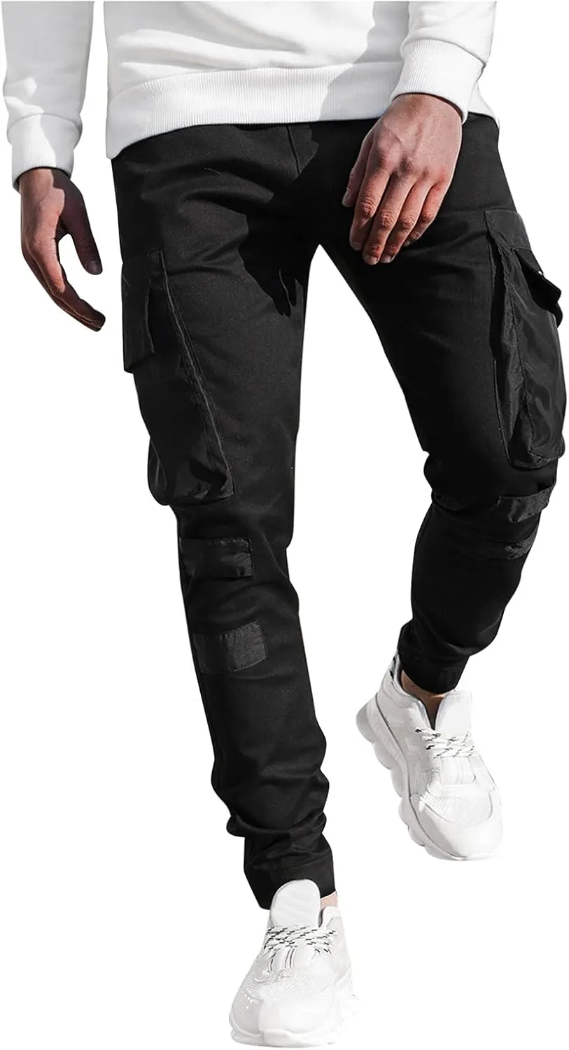 Mens Workout Cargo Sweatpants Pockets Pant Mens Cotton Linen Pants Loose Casual Lightweight Elastic Waist Drawstring