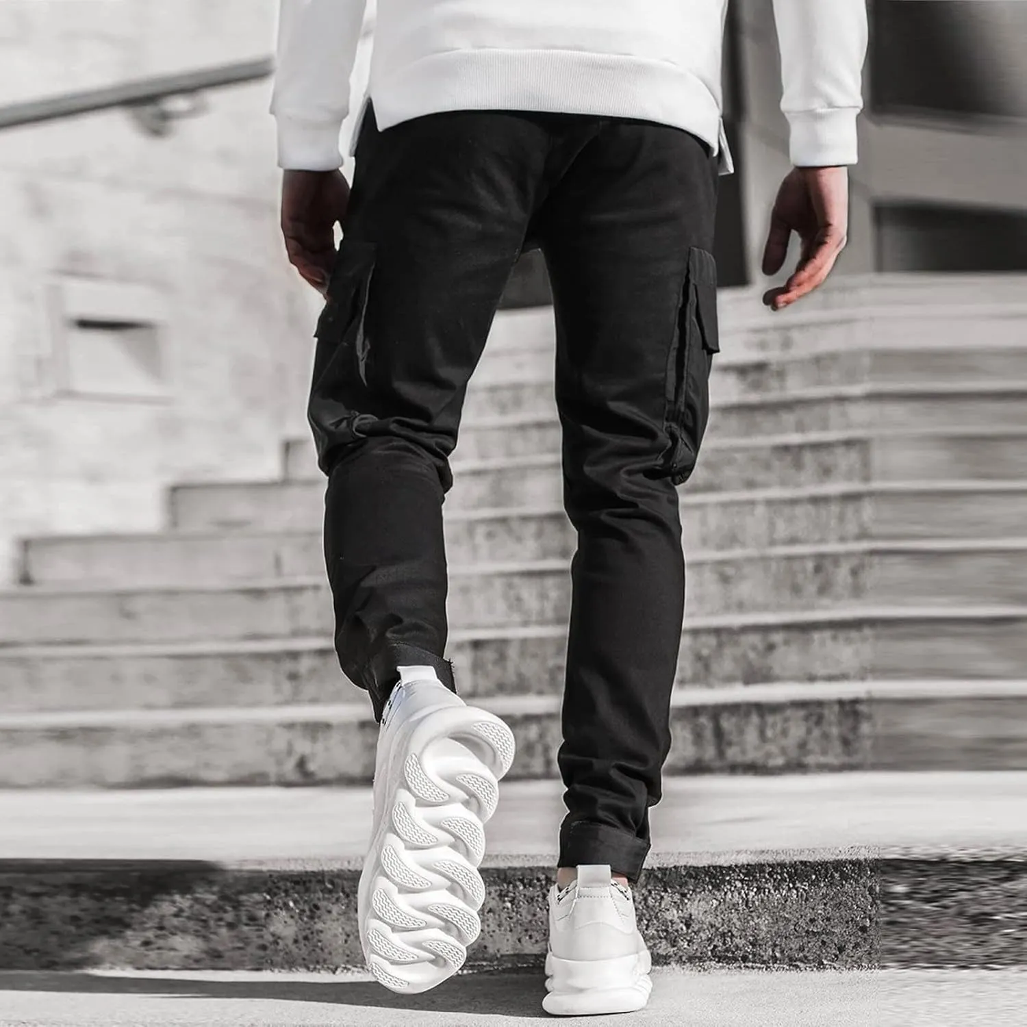 Mens Workout Cargo Sweatpants Pockets Pant Mens Cotton Linen Pants Loose Casual Lightweight Elastic Waist Drawstring