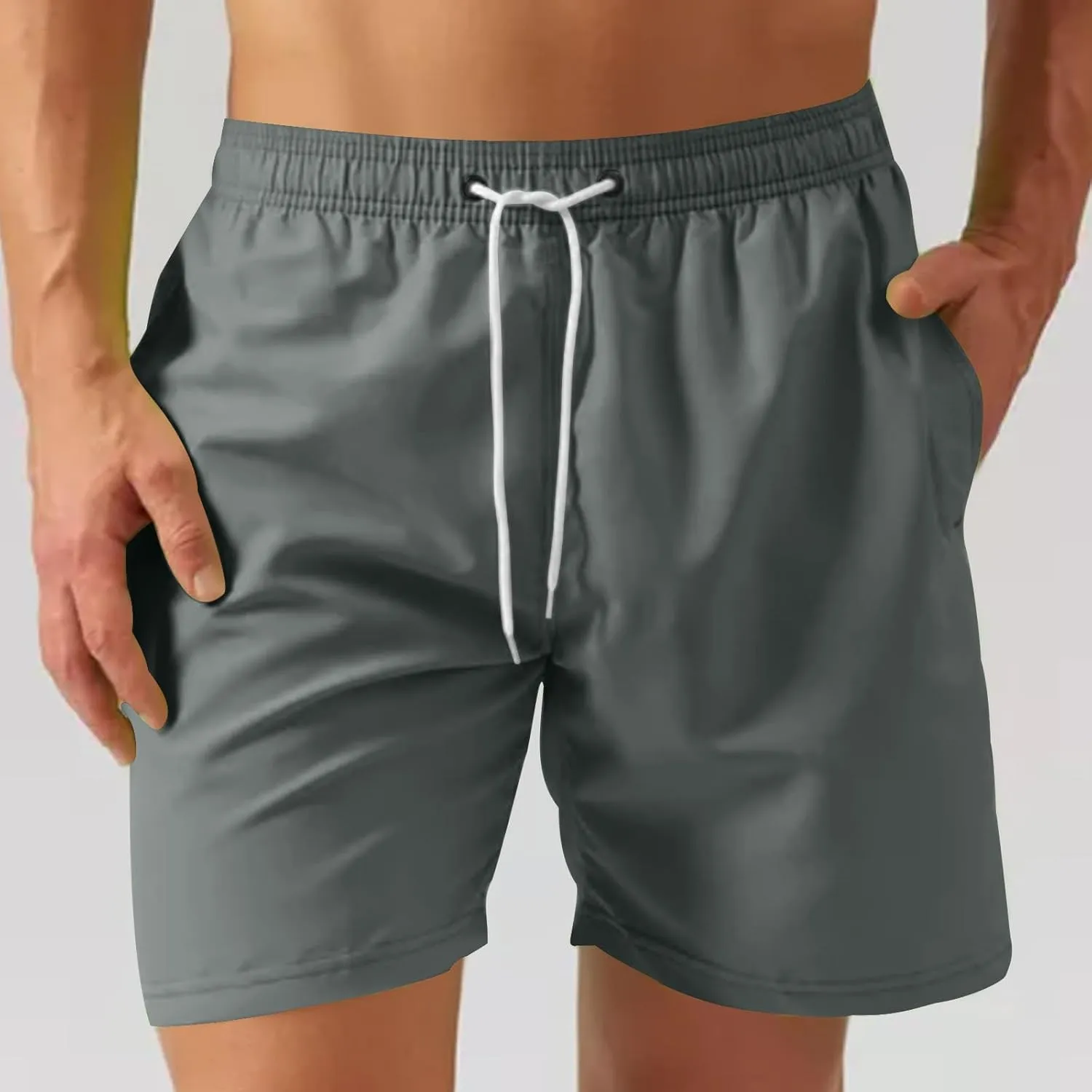 Men's Workout Running Shorts Mesh Lining Quick Dry Shorts Solid Summer Beach Shorts Elastic Waist Drawstring Shorts