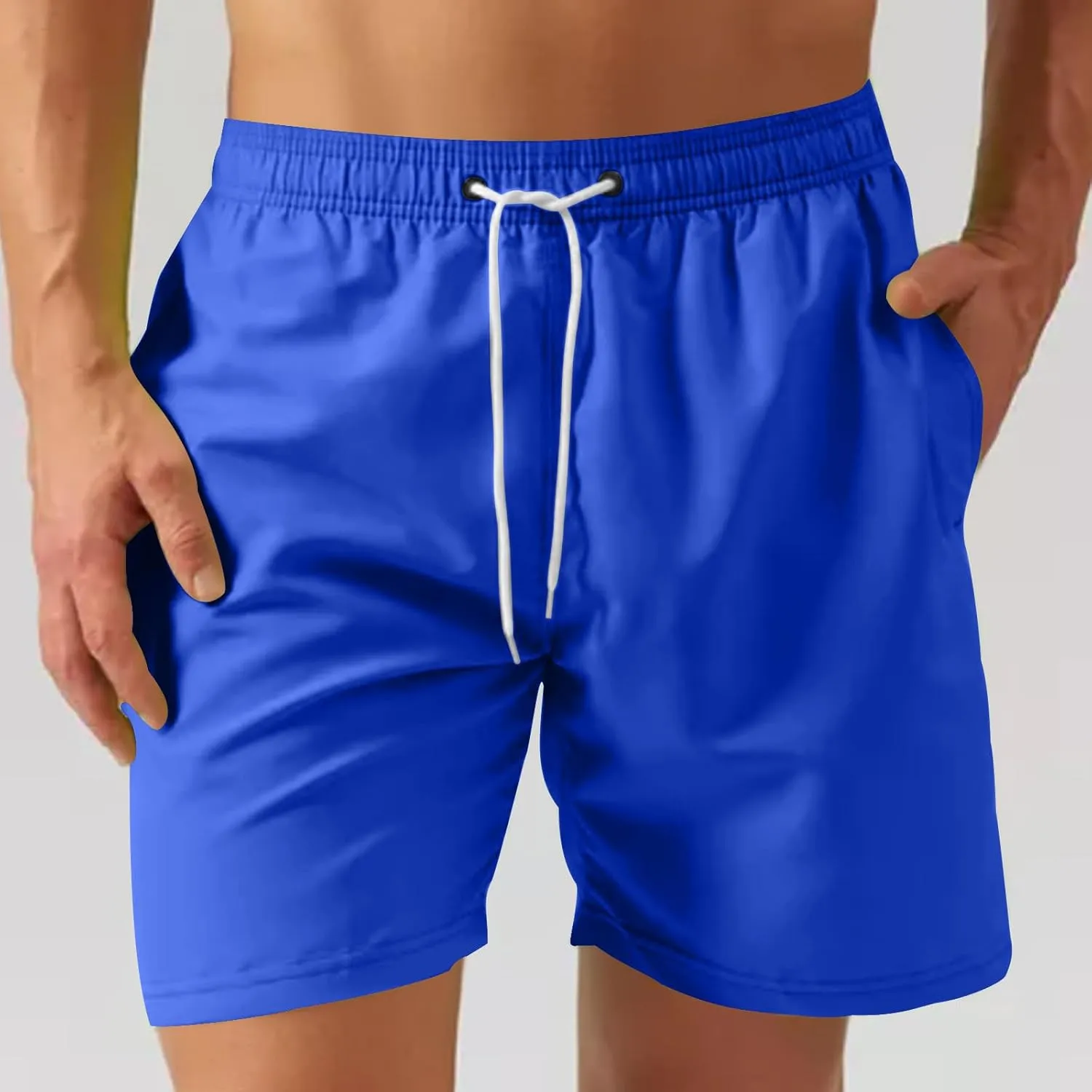 Men's Workout Running Shorts Mesh Lining Quick Dry Shorts Solid Summer Beach Shorts Elastic Waist Drawstring Shorts