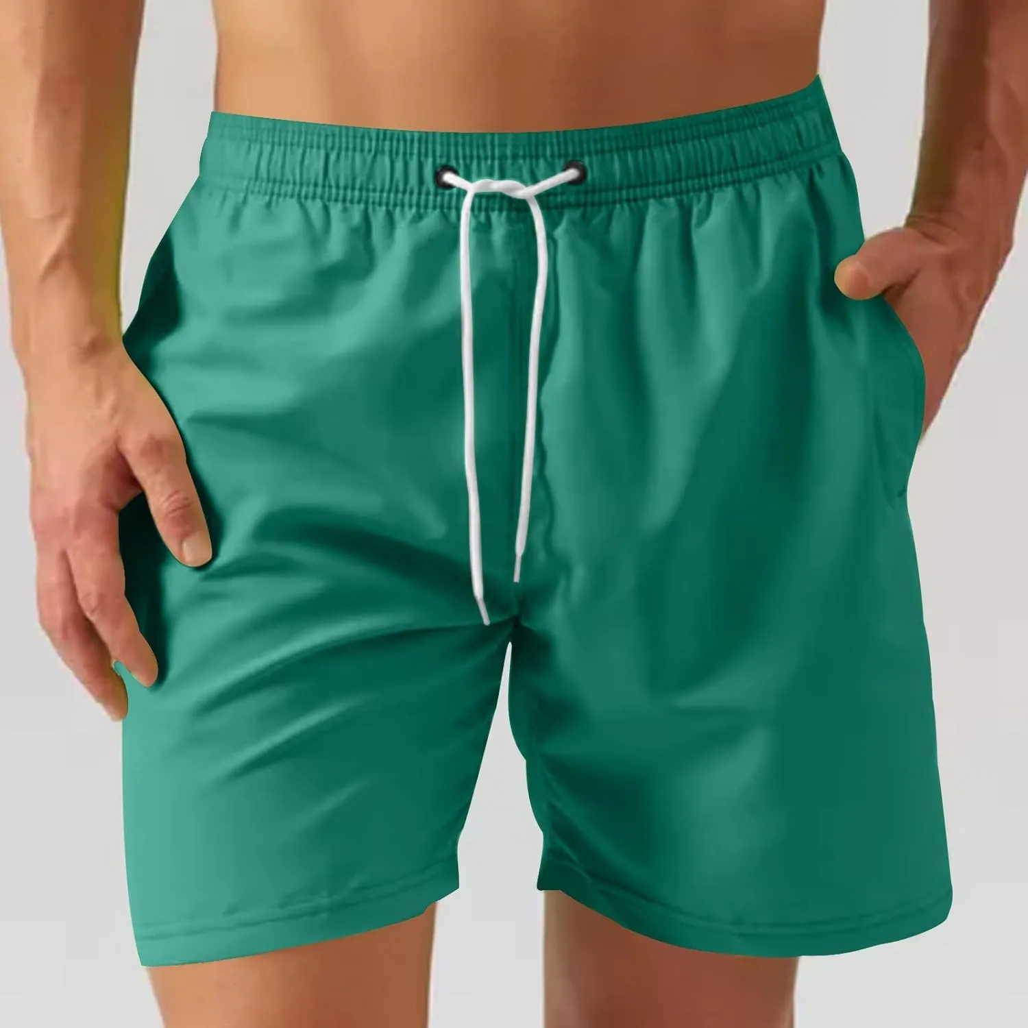 Men's Workout Running Shorts Mesh Lining Quick Dry Shorts Solid Summer Beach Shorts Elastic Waist Drawstring Shorts