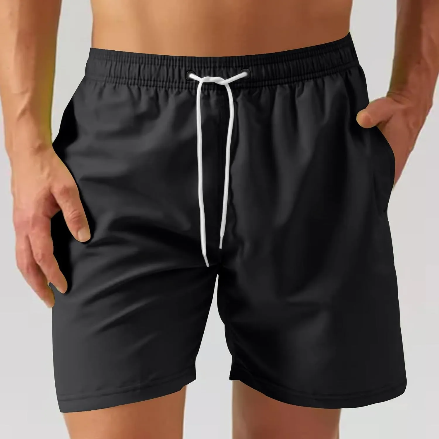 Men's Workout Running Shorts Mesh Lining Quick Dry Shorts Solid Summer Beach Shorts Elastic Waist Drawstring Shorts