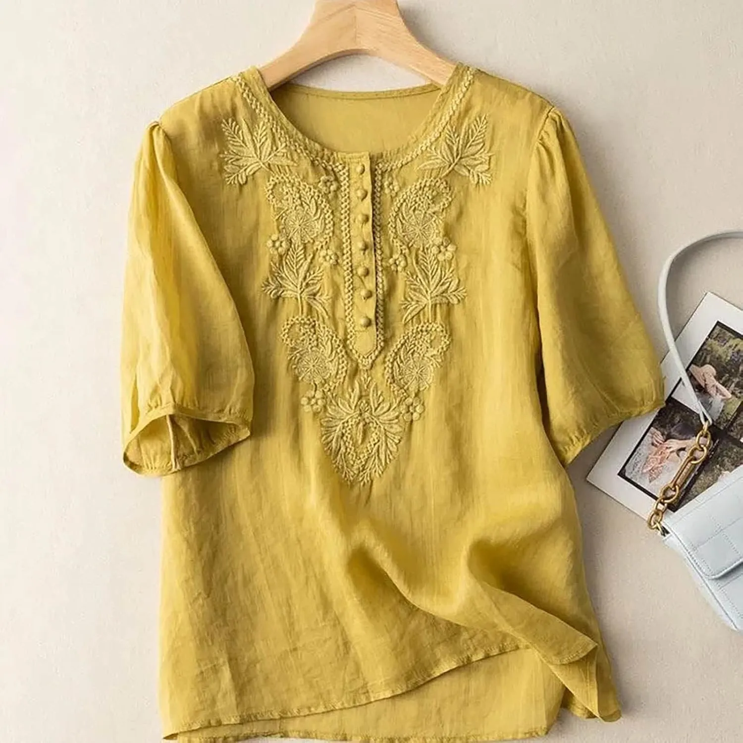 Mexico Shirts for Women Summer Embroidered Blouse Cotton Linen Round Neck Tops Vintage Loose Button-Down T-Shirt