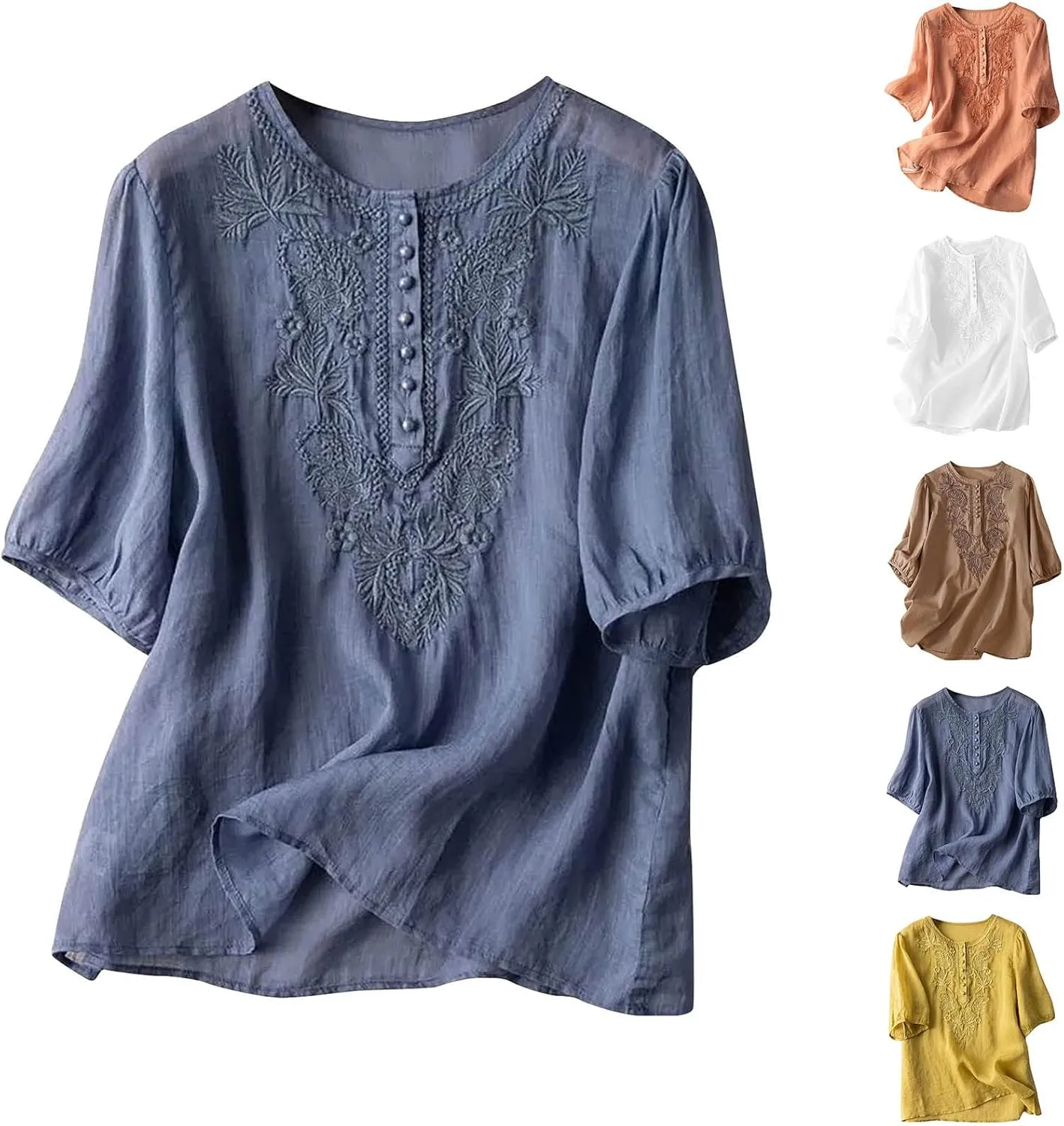 Mexico Shirts for Women Summer Embroidered Blouse Cotton Linen Round Neck Tops Vintage Loose Button-Down T-Shirt