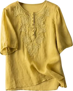 Mexico Shirts for Women Summer Embroidered Blouse Cotton Linen Round Neck Tops Vintage Loose Button-Down T-Shirt