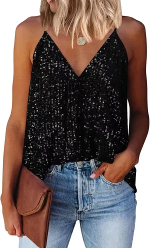 miduo Womens Tank Tops Casual Fashion V Neck Strappy Sequin Sparkle Shimmer Camisole Sleeveless Tanks Tops