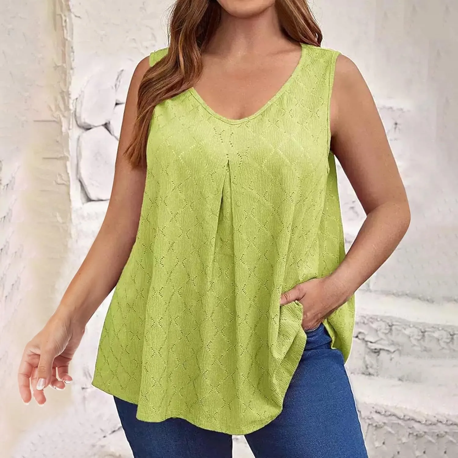 Oplxuo Plus Size Tank Tops for Women Loose Fit Flowy Sleeveless Scoop Neck Tunic Tops 2025 Fashion Summer Eyelet Shirts