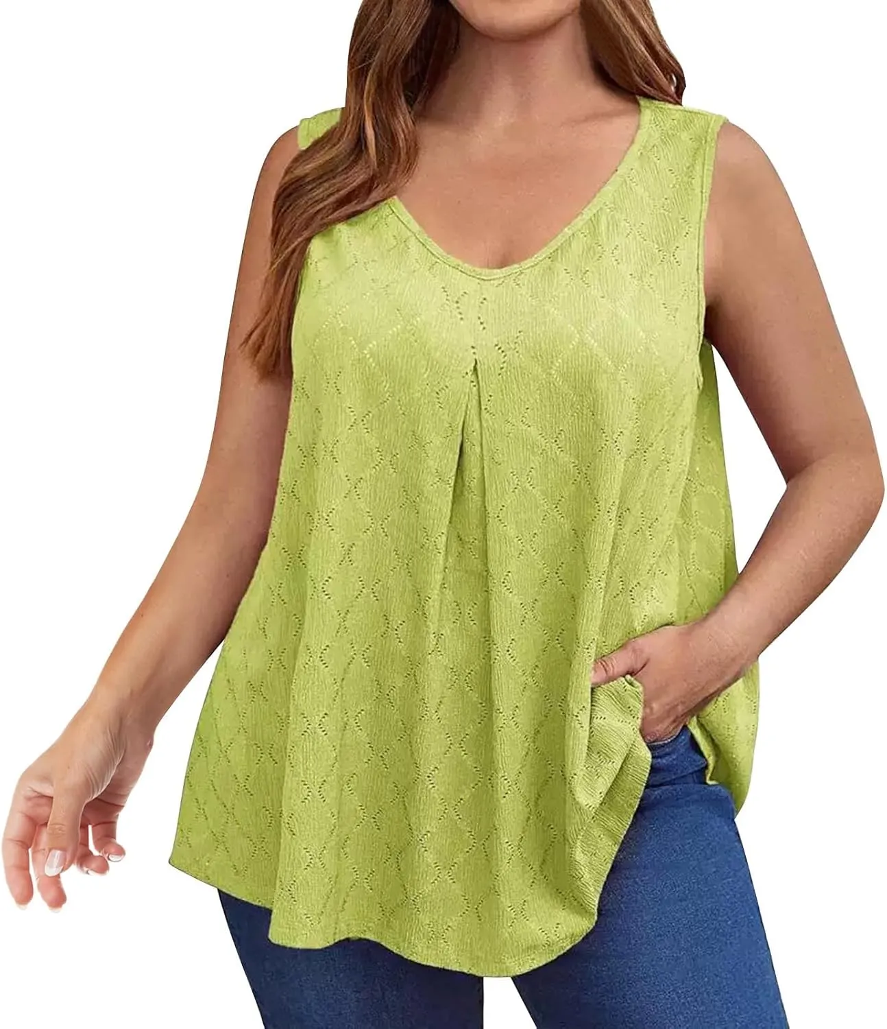 Oplxuo Plus Size Tank Tops for Women Loose Fit Flowy Sleeveless Scoop Neck Tunic Tops 2025 Fashion Summer Eyelet Shirts
