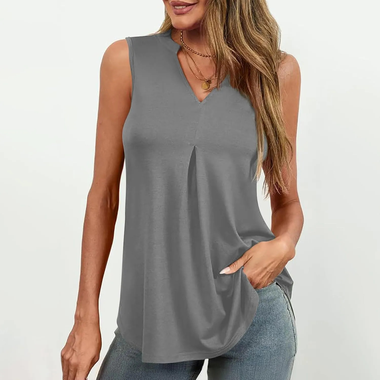Oplxuo Women V Neck Pleated Tank Tops Trendy Dressy Sleeveless Shirts Casual Cute Blouses Solid Summer Tanks